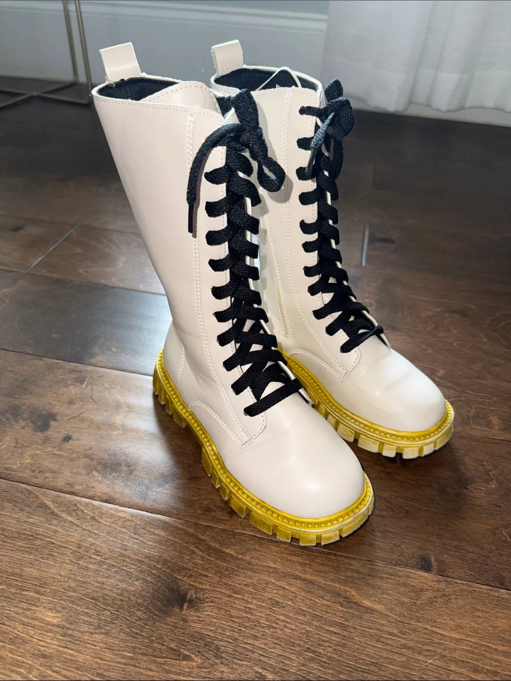 KPop Demon Hunters Rumi Style White Lace-Up Tall Combat Boots with Golden Sole
